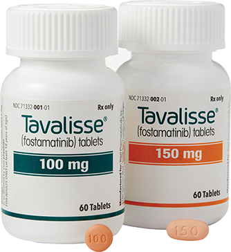 A TAVALISSE 100 mg bottle and tablet and a TAVALISSE 150 mg bottle and tablet